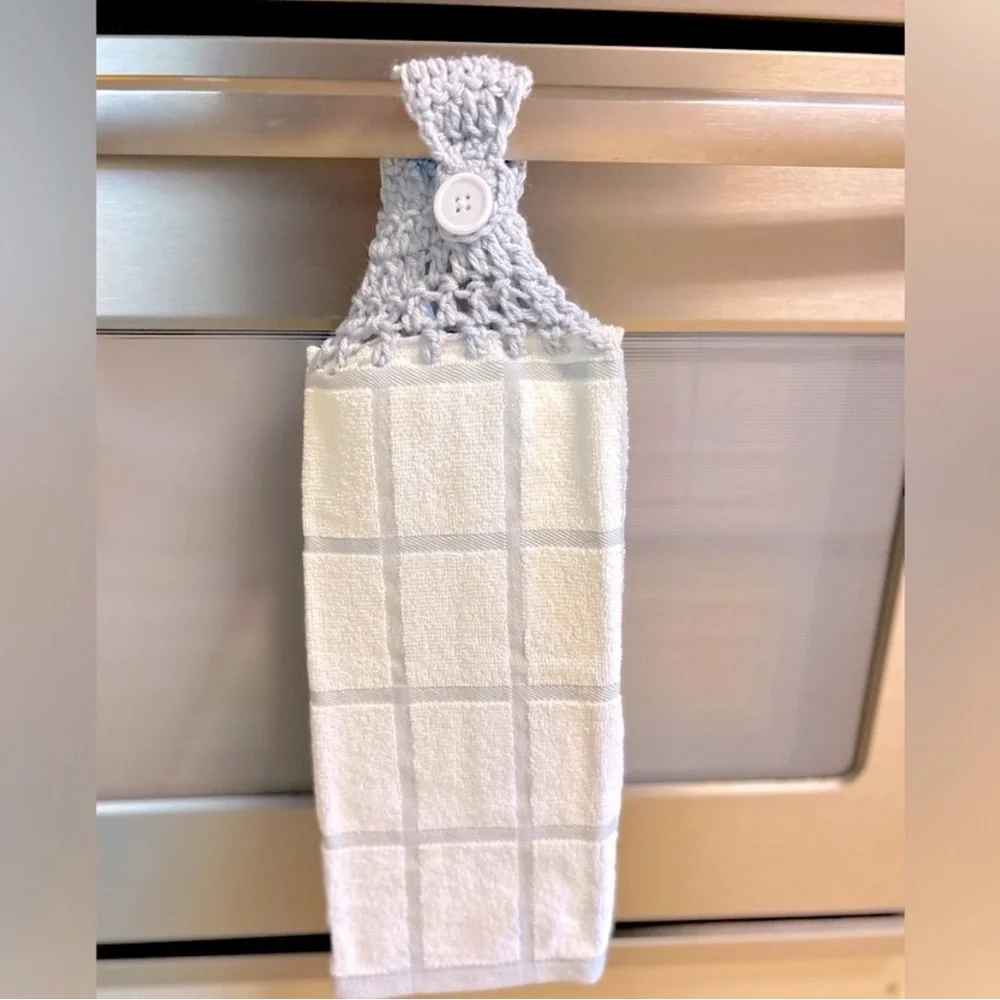Hand Crafted Gray and White Hanging Kitchen Hand Towels Crochet Top